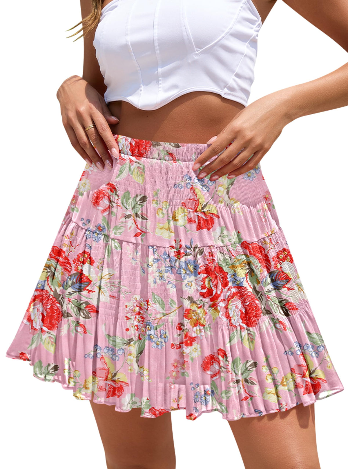 Boho Floral Flowy Mini Skirt Chiffon High Waist Tiered Pleated Short Skirts