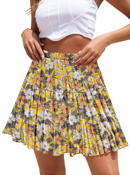 Boho Floral Flowy Mini Skirt Chiffon High Waist Tiered Pleated Short Skirts