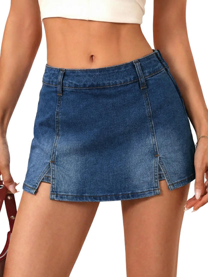 EMMIOL Denim Mini Skirt for Women - Mid Waisted Stretch Side Zipper Skort Y2k Casual Jean Skirts with Shorts Underneath