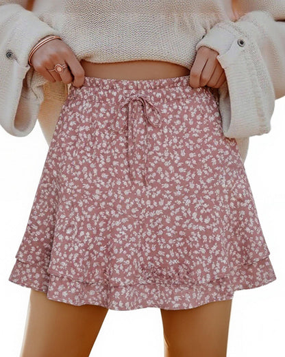 Mini Skirts Skorts for Women Floral with Pocket Flowy Chiffon Ruffle Skorts Boho Casual Beach Skirt with Shorts Underneath