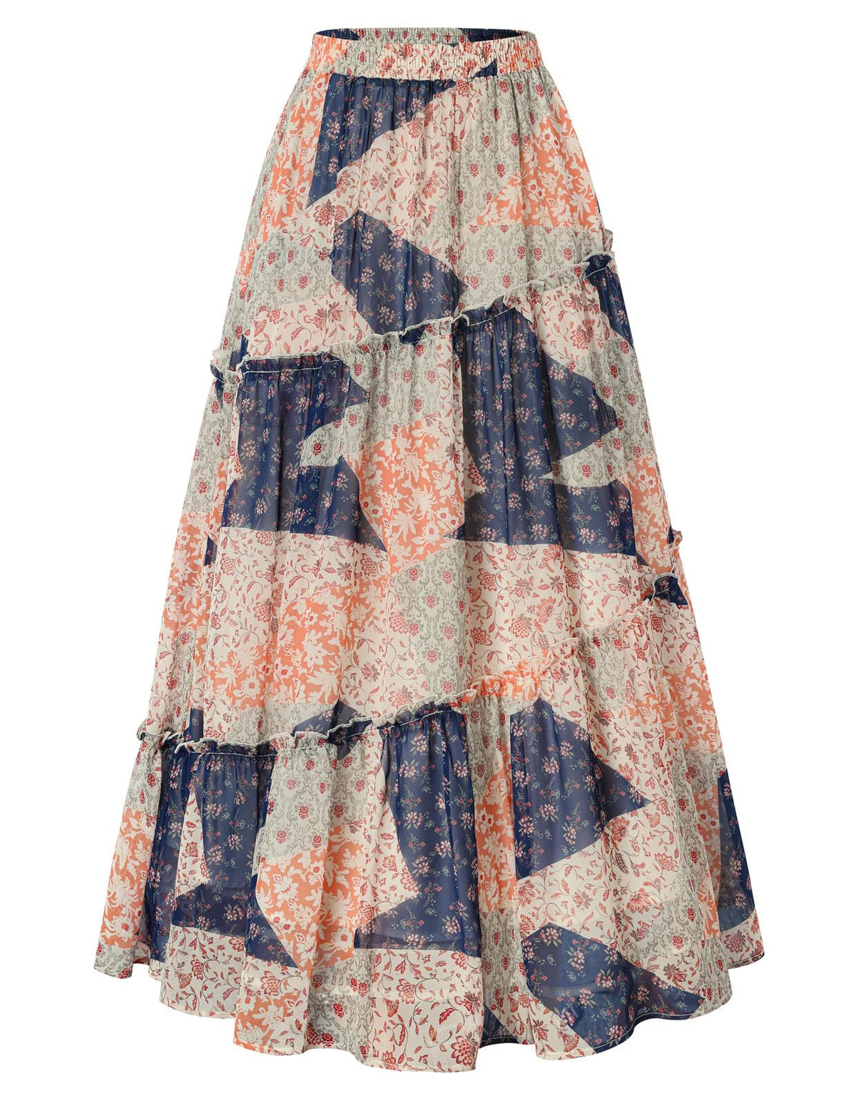 Scarlet Darkness Patchwork Tiered Maxi Renaissance Boho Skirt with Pockets