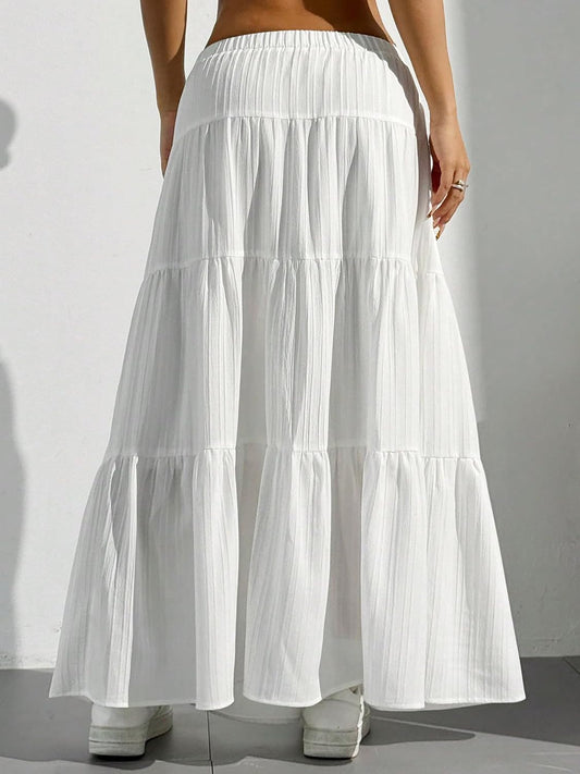 DERAX Women's Boho Flowy White Maxi Skirt Ruffle Elastic Waist Long Skirts
