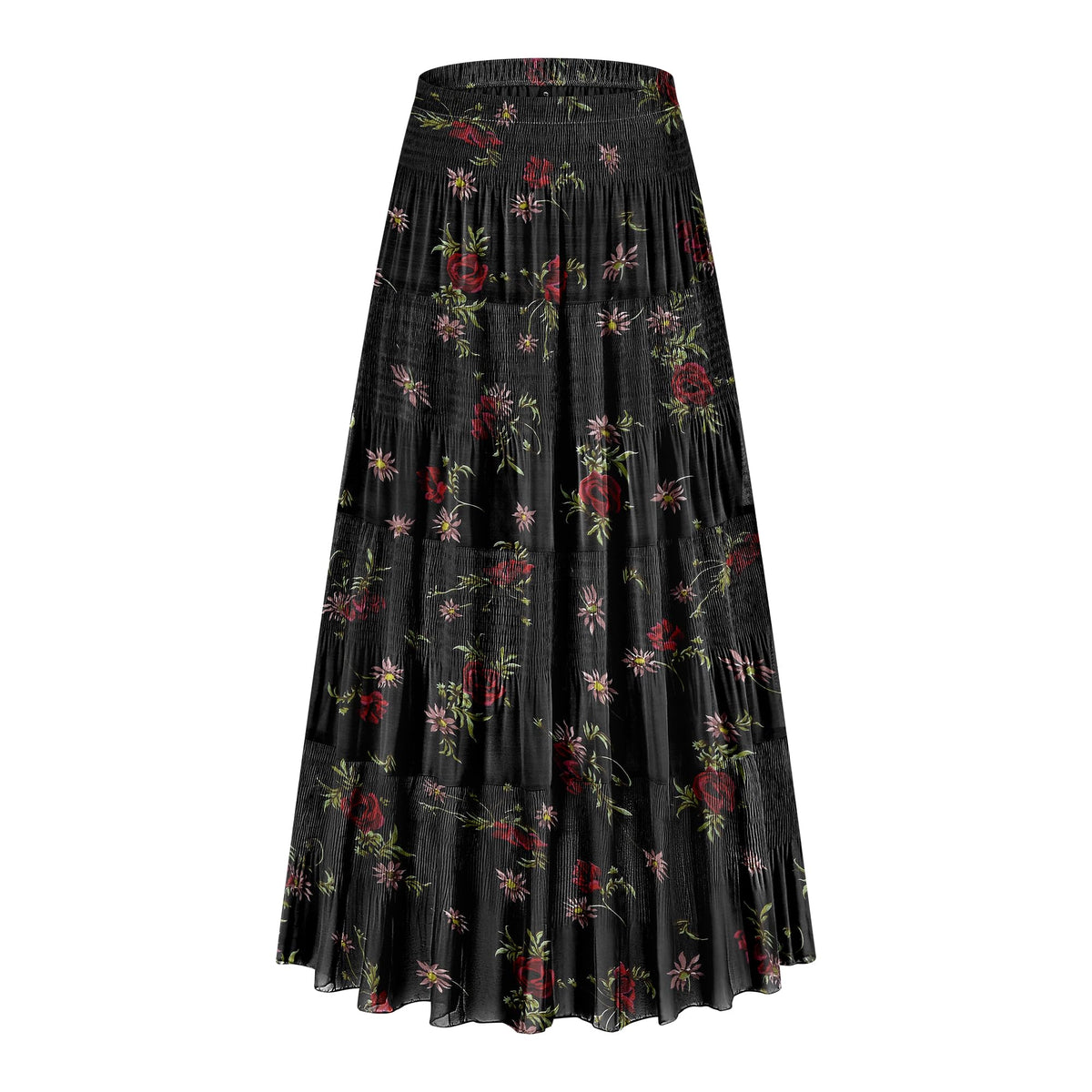 CYiNu Women's Chiffon Elastic High Waist Tiered Pleated Floral Printed A-Line Boho Long Maxi Skirts