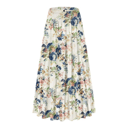CYiNu Women's Chiffon Elastic High Waist Tiered Pleated Floral Printed A-Line Boho Long Maxi Skirts