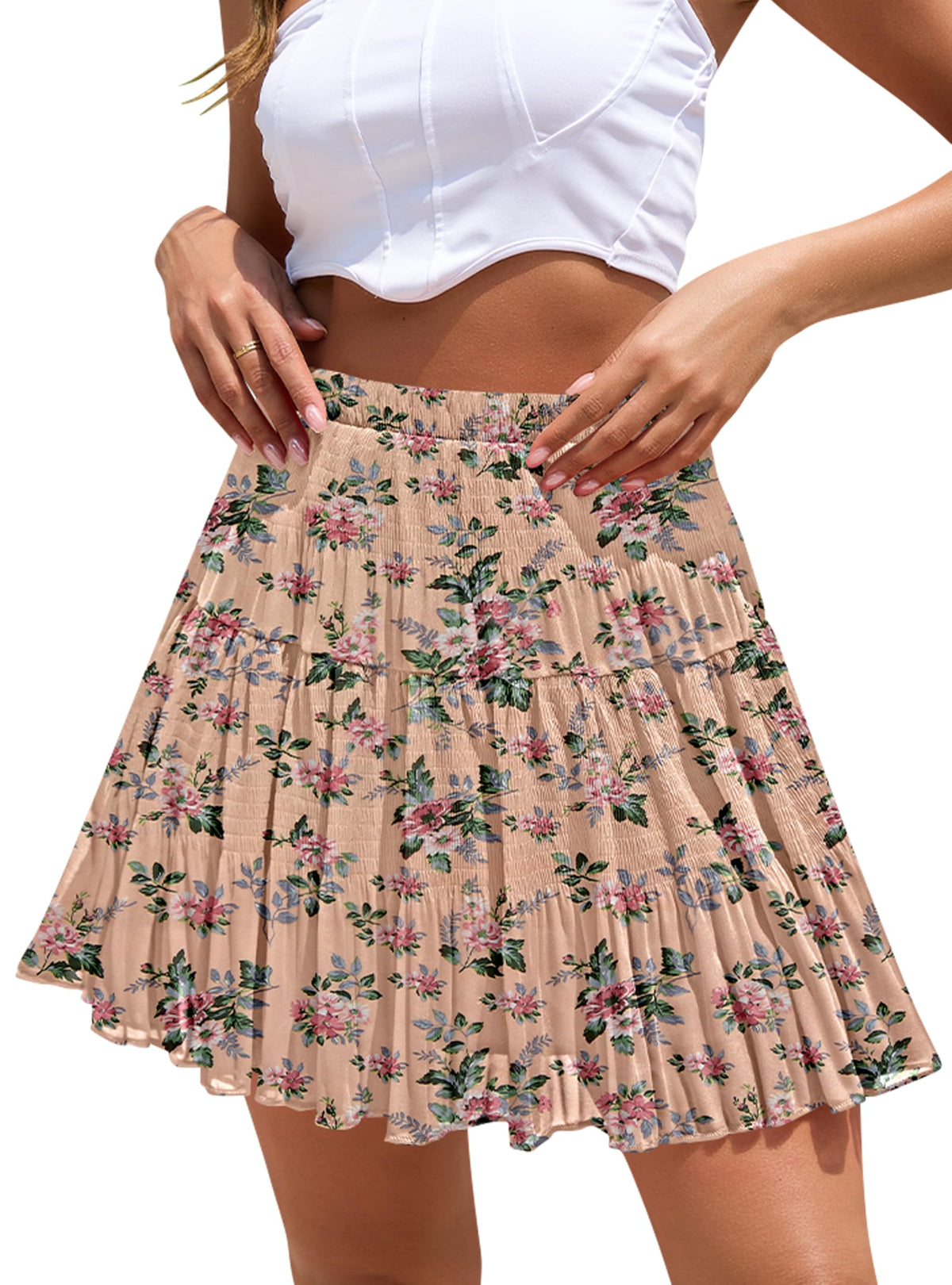 Boho Floral Flowy Mini Skirt Chiffon High Waist Tiered Pleated Short Skirts