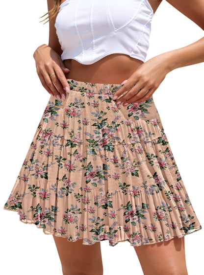Boho Floral Flowy Mini Skirt Chiffon High Waist Tiered Pleated Short Skirts