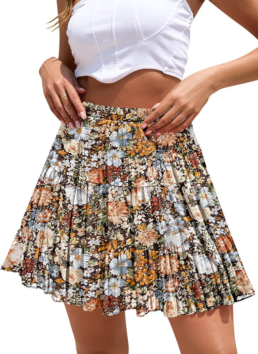 Boho Floral Flowy Mini Skirt Chiffon High Waist Tiered Pleated Short Skirts