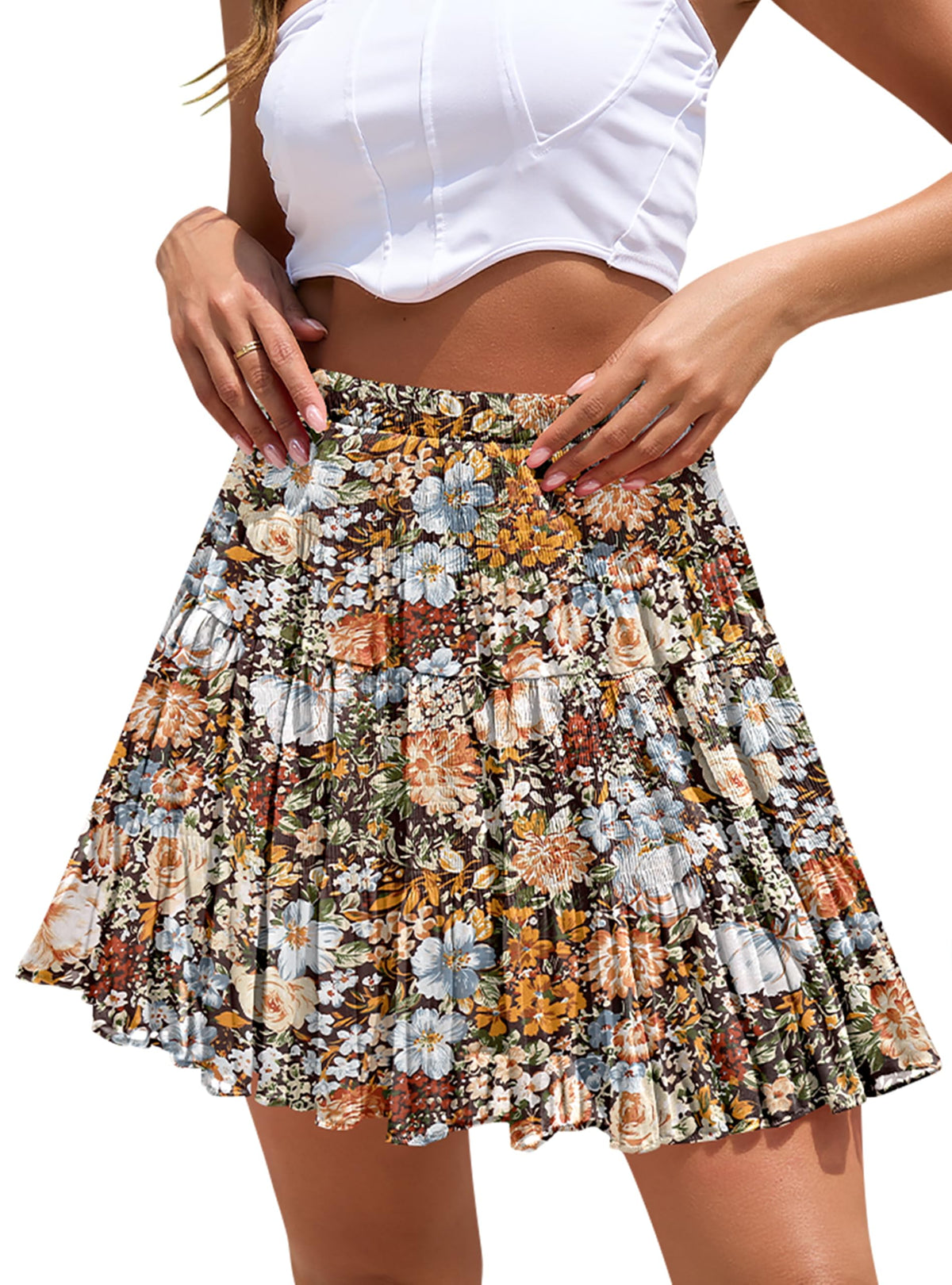 Boho Floral Flowy Mini Skirt Chiffon High Waist Tiered Pleated Short Skirts