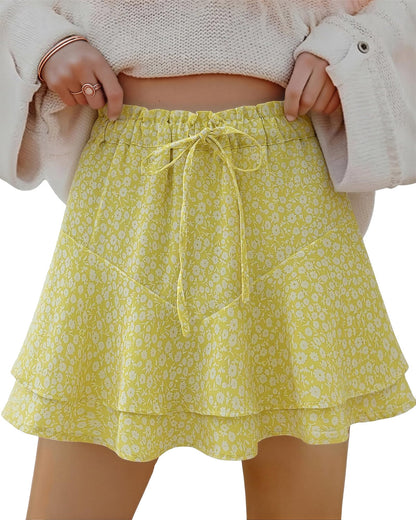 Mini Skirts Skorts for Women Floral with Pocket Flowy Chiffon Ruffle Skorts Boho Casual Beach Skirt with Shorts Underneath