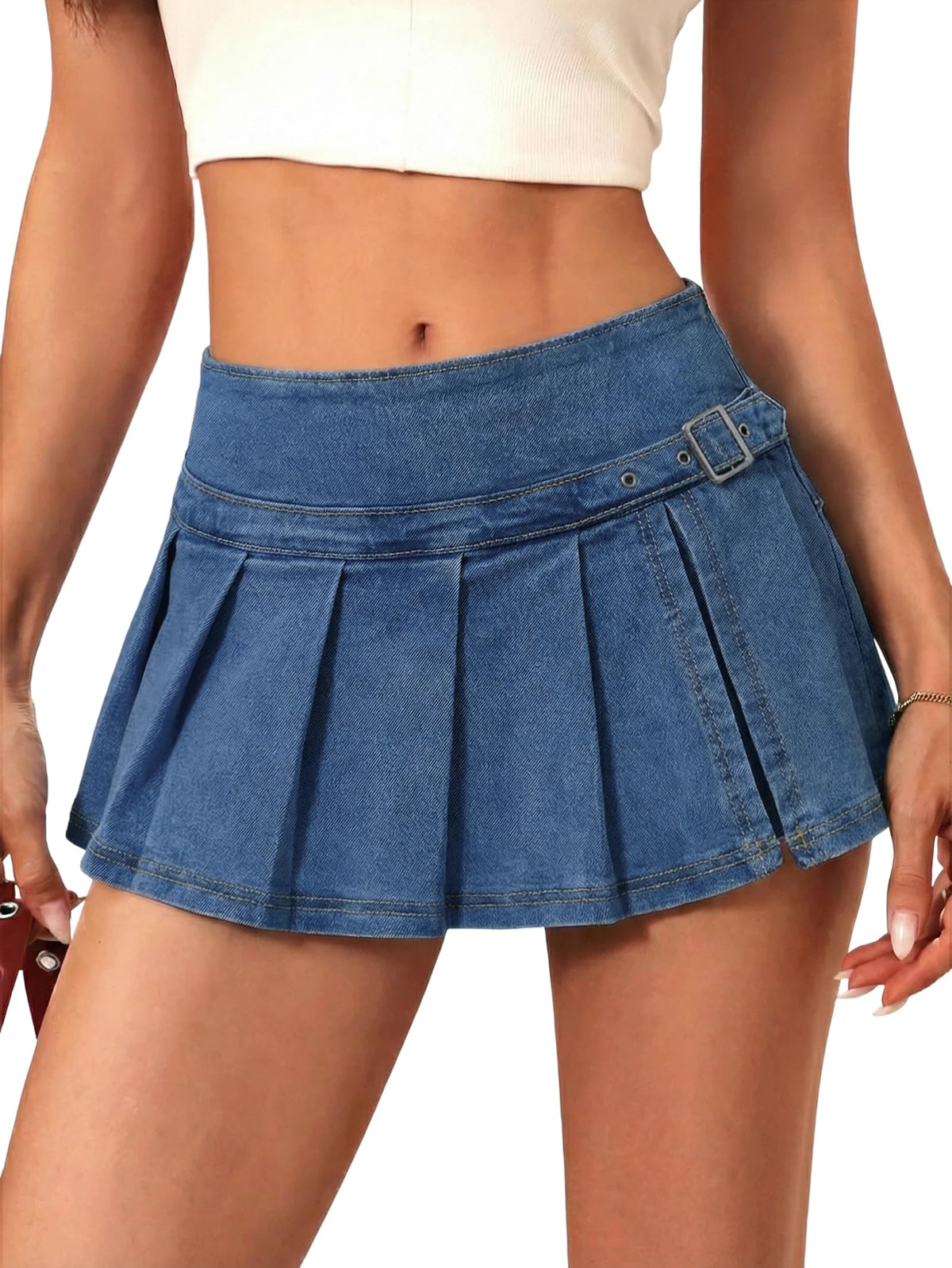 EMMIOL Denim Mini Skirt for Women - Mid Waisted Stretch Side Zipper Skort Y2k Casual Jean Skirts with Shorts Underneath