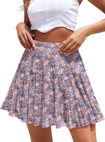 Boho Floral Flowy Mini Skirt Chiffon High Waist Tiered Pleated Short Skirts