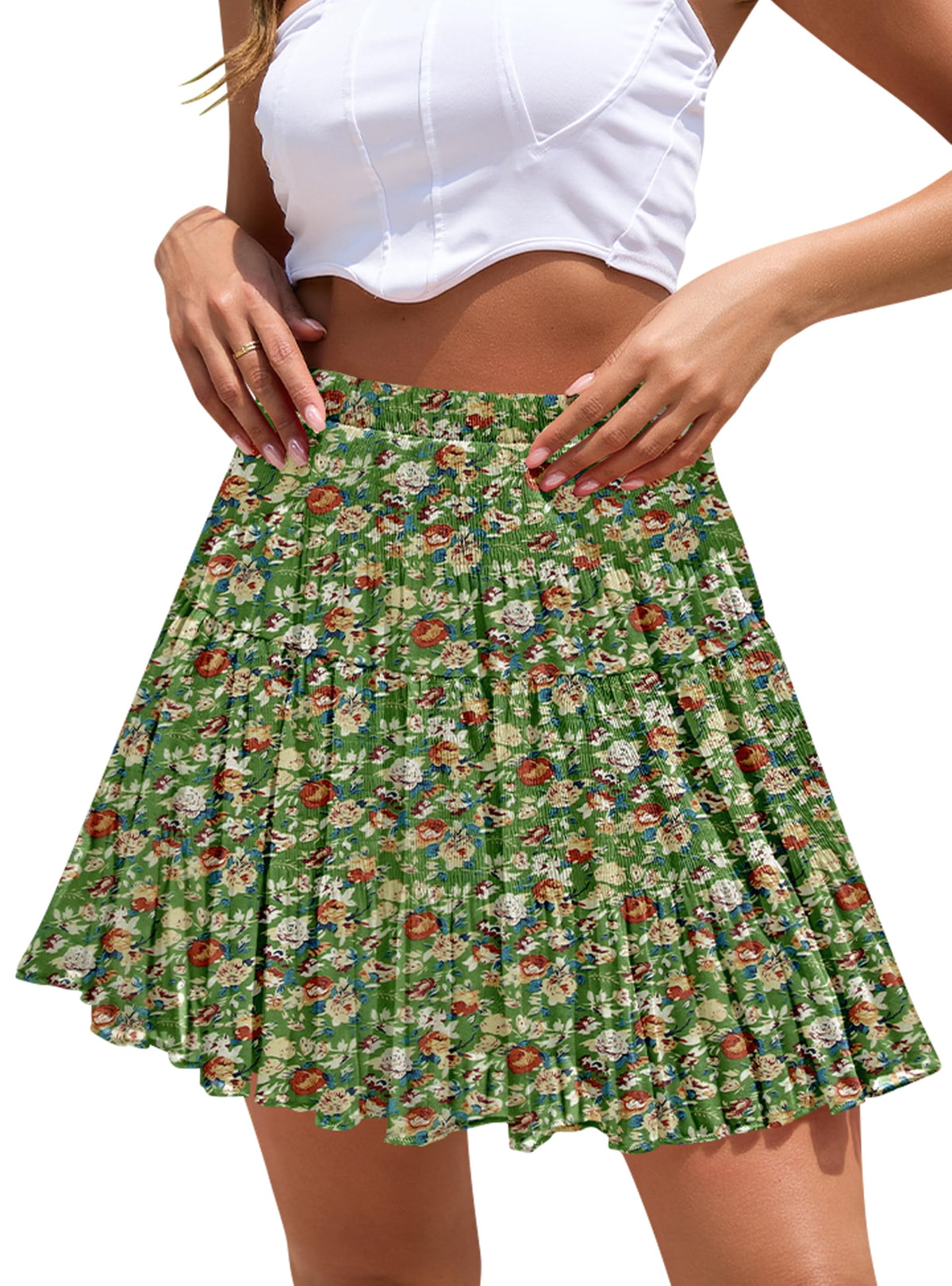 Boho Floral Flowy Mini Skirt Chiffon High Waist Tiered Pleated Short Skirts