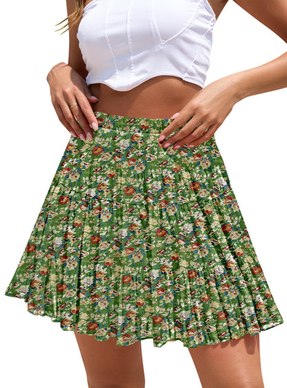 Boho Floral Flowy Mini Skirt Chiffon High Waist Tiered Pleated Short Skirts