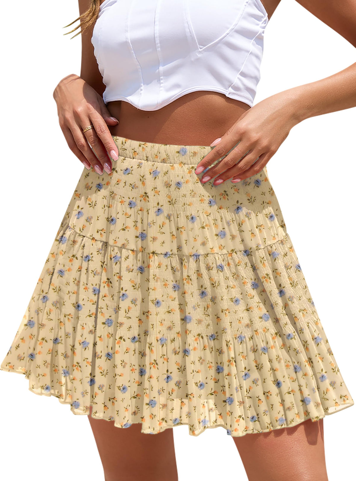 Boho Floral Flowy Mini Skirt Chiffon High Waist Tiered Pleated Short Skirts