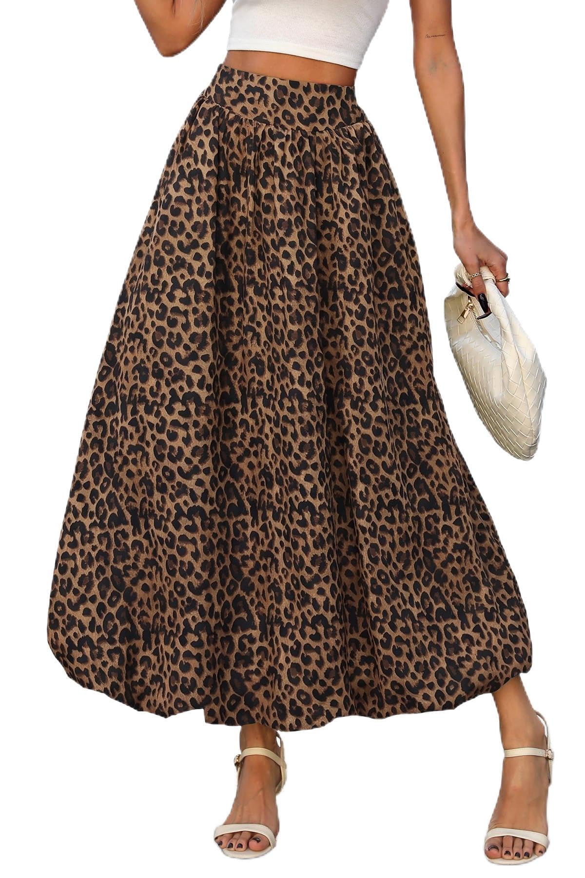 ELLEVEN Women's Bubble Maxi Skirt, Elastic Waist Puffy Hem A-Line Skirts
