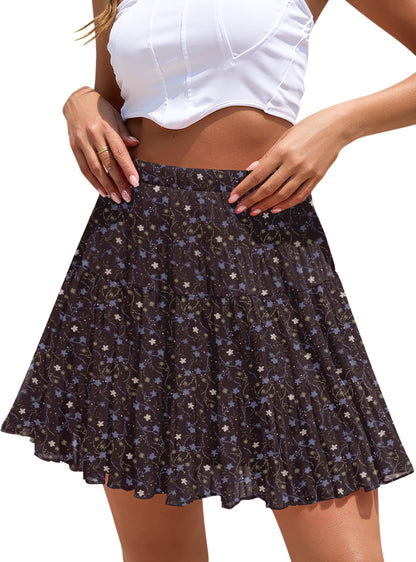 Boho Floral Flowy Mini Skirt Chiffon High Waist Tiered Pleated Short Skirts
