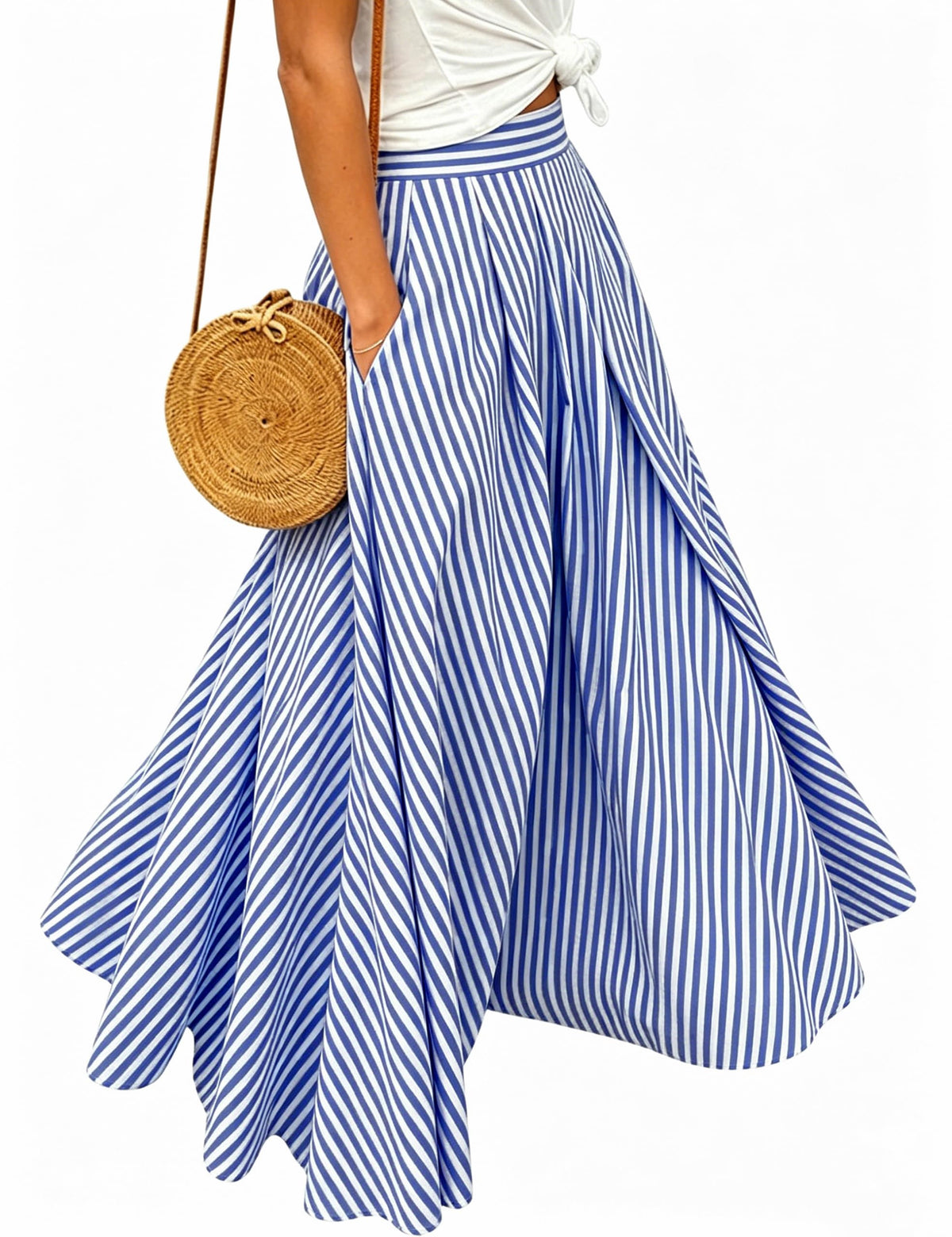 Women's Gingham Plaid Maxi Skirt High Waist A-Line Pleated Long Skirt