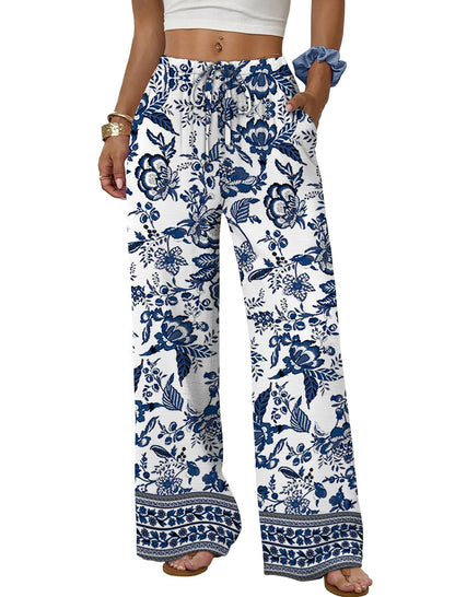 Sampeel Wide Leg Pants for Women Flowy Palazzo Drawstring Elastic Waist Trousers with Pockets Summer Beach Vacation Clothes