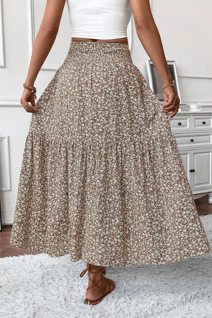 Women's Boho Maxi Skirt Floral Smocked High Waist Long Skirts with Pockets