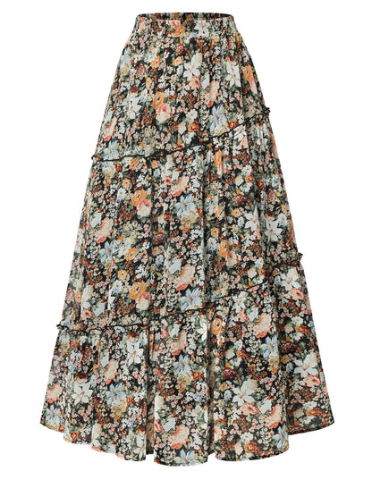 Scarlet Darkness Patchwork Tiered Maxi Renaissance Boho Skirt with Pockets