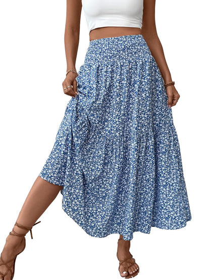 Women's Boho Maxi Skirt Floral Smocked High Waist Long Skirts with Pockets