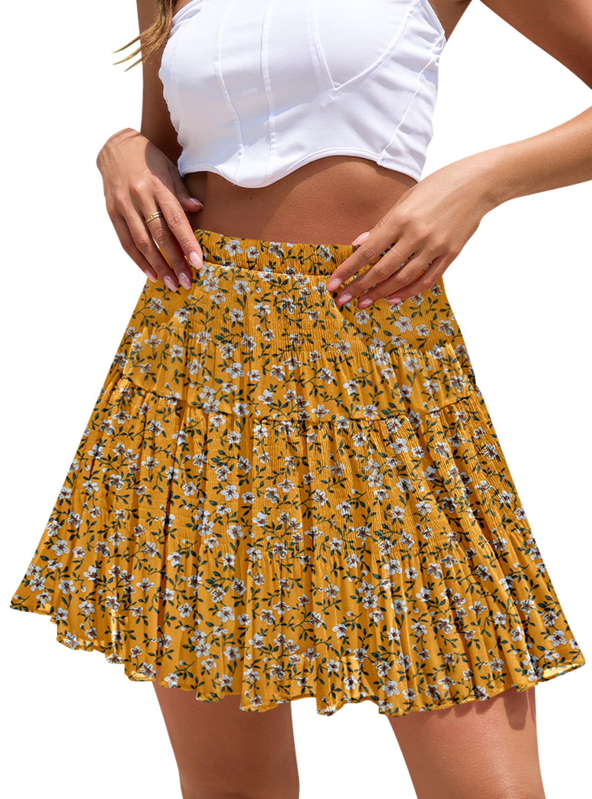 Boho Floral Flowy Mini Skirt Chiffon High Waist Tiered Pleated Short Skirts