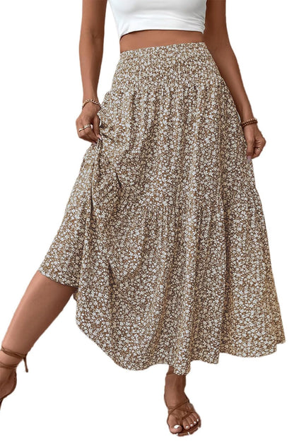 Women's Boho Maxi Skirt Floral Smocked High Waist Long Skirts with Pockets