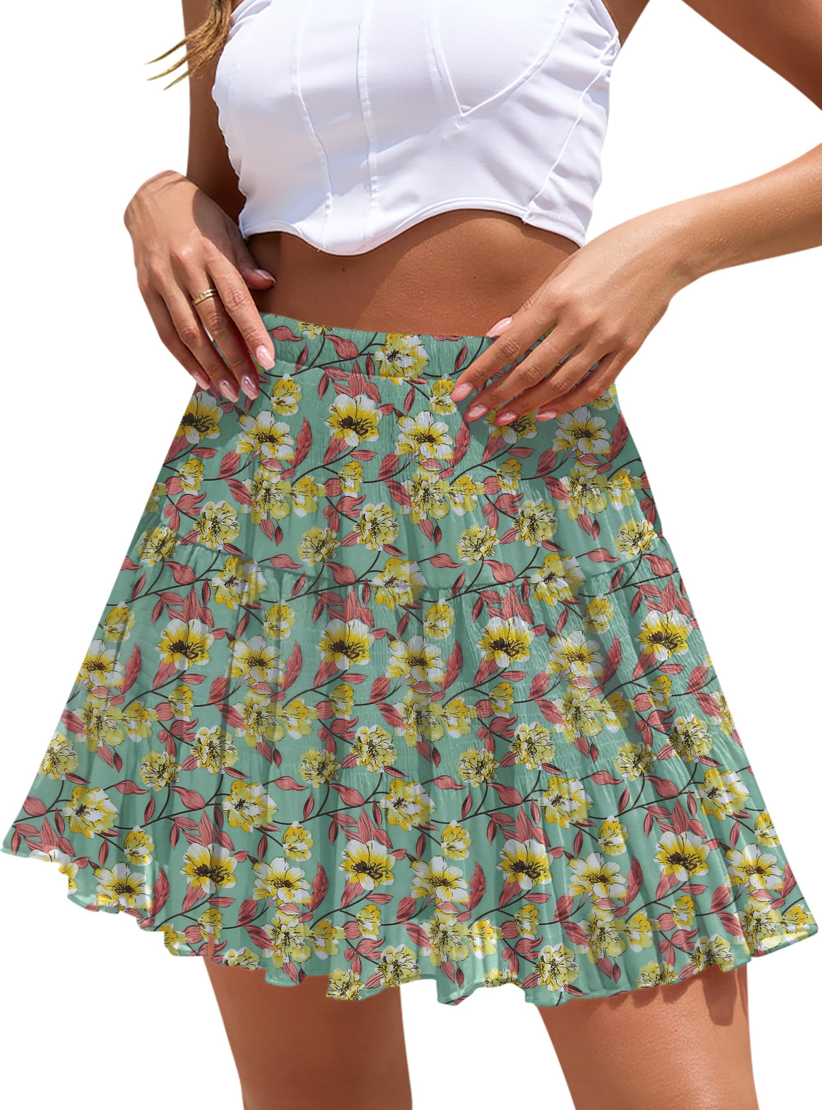 Boho Floral Flowy Mini Skirt Chiffon High Waist Tiered Pleated Short Skirts
