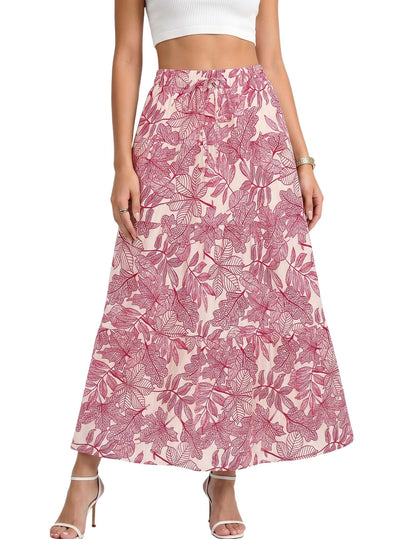 DERAX Women's Boho Flowy White Maxi Skirt Ruffle Elastic Waist Long Skirts