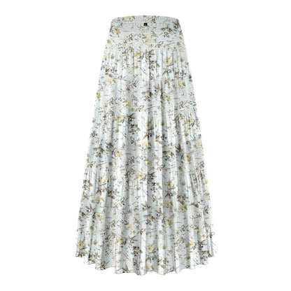 CYiNu Women's Chiffon Elastic High Waist Tiered Pleated Floral Printed A-Line Boho Long Maxi Skirts