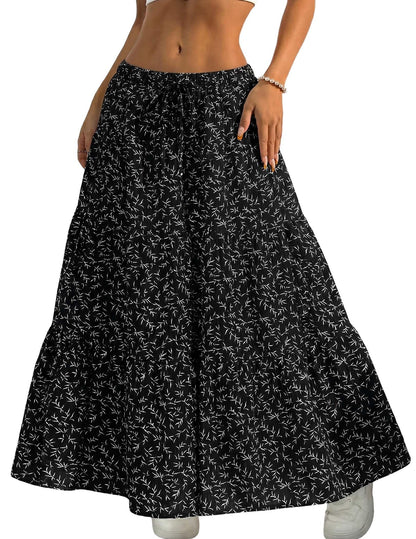DERAX Women's Boho Flowy White Maxi Skirt Ruffle Elastic Waist Long Skirts