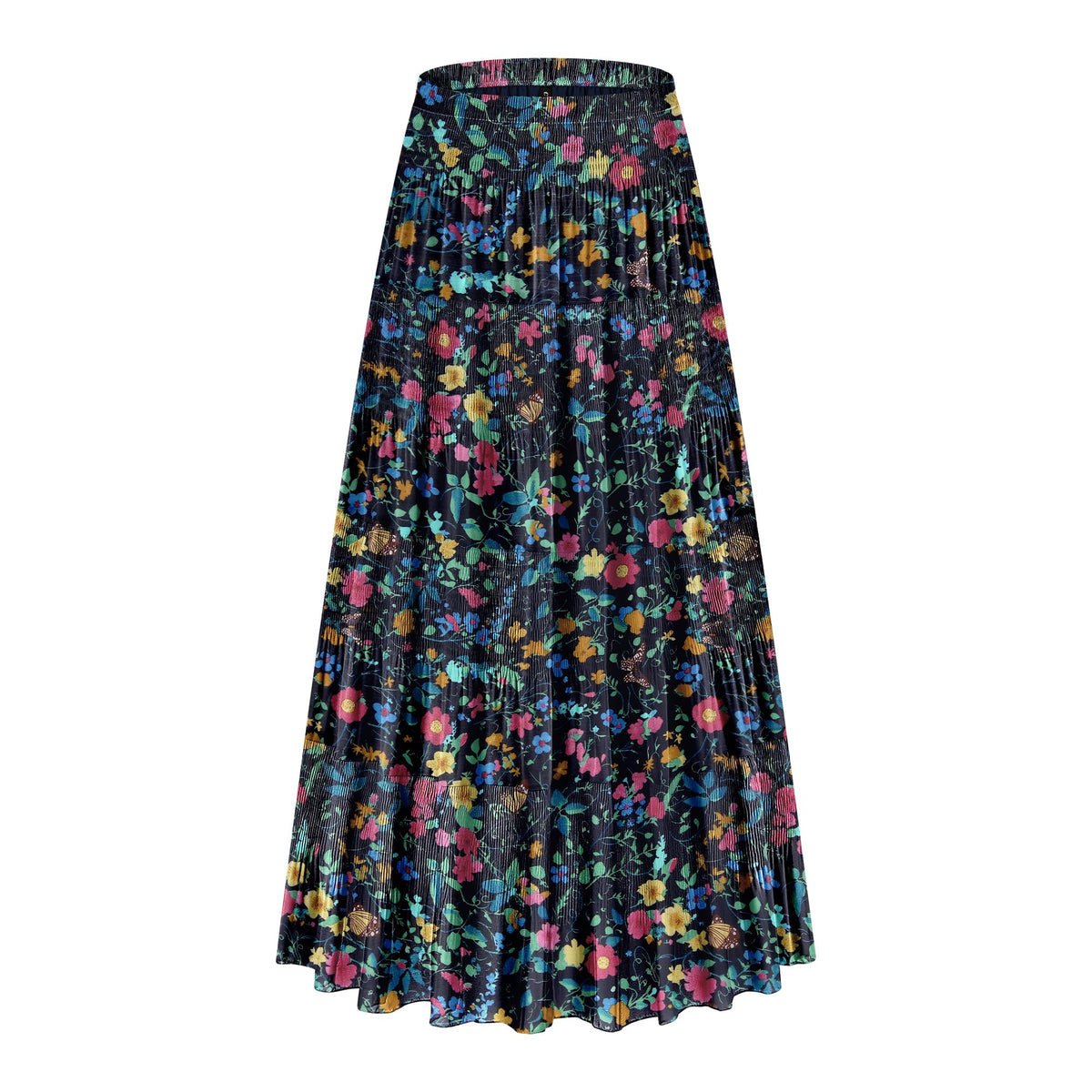 CYiNu Women's Chiffon Elastic High Waist Tiered Pleated Floral Printed A-Line Boho Long Maxi Skirts