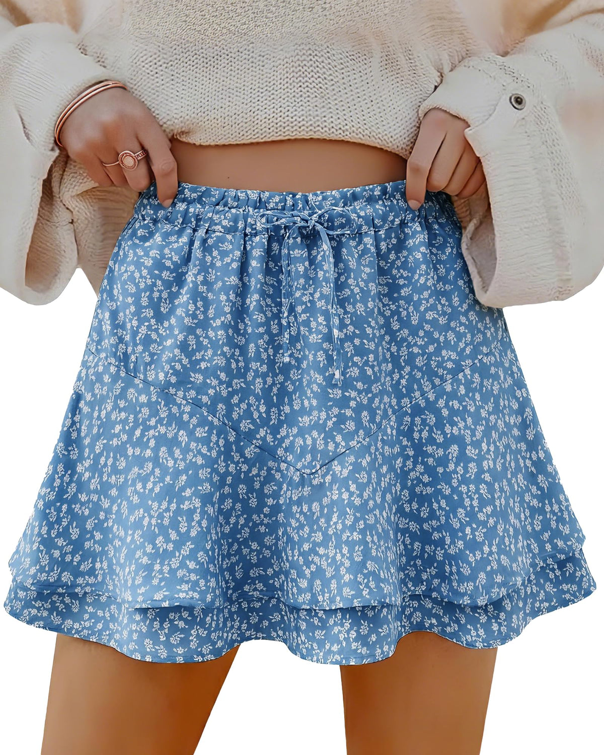 Mini Skirts Skorts for Women Floral with Pocket Flowy Chiffon Ruffle Skorts Boho Casual Beach Skirt with Shorts Underneath