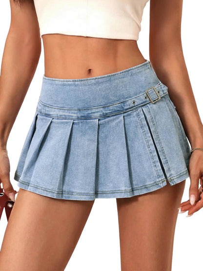 EMMIOL Denim Mini Skirt for Women - Mid Waisted Stretch Side Zipper Skort Y2k Casual Jean Skirts with Shorts Underneath
