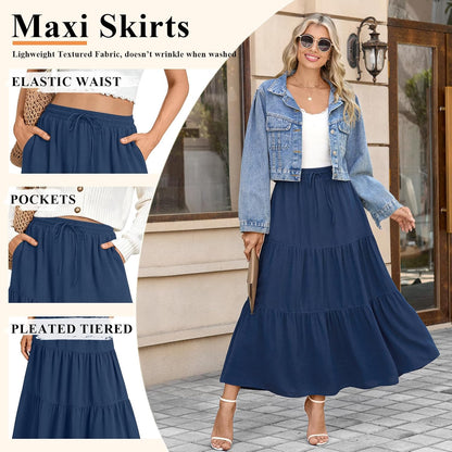 Addtoo Womens Maxi Skirt Pleated Tiered A-Line Elastic Waist Midi Skirt
