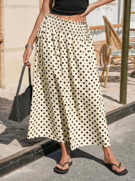 Tankaneo Womens Polka Dot Maxi Skirts Boho Smocked High Waisted Tie Skirt