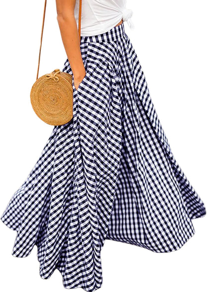 Women's Gingham Plaid Maxi Skirt High Waist A-Line Pleated Long Skirt