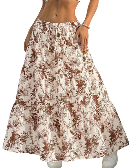 DERAX Women's Boho Flowy White Maxi Skirt Ruffle Elastic Waist Long Skirts