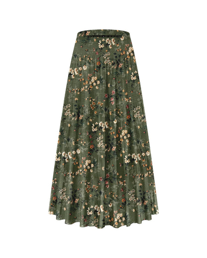 CYiNu Women's Chiffon Elastic High Waist Tiered Pleated Floral Printed A-Line Boho Long Maxi Skirts
