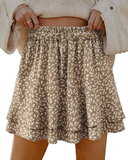 Mini Skirts Skorts for Women Floral with Pocket Flowy Chiffon Ruffle Skorts Boho Casual Beach Skirt with Shorts Underneath