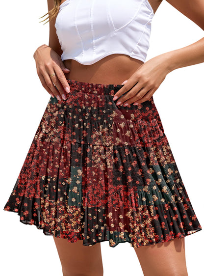 Boho Floral Flowy Mini Skirt Chiffon High Waist Tiered Pleated Short Skirts