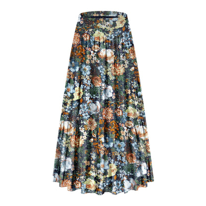 CYiNu Women's Chiffon Elastic High Waist Tiered Pleated Floral Printed A-Line Boho Long Maxi Skirts