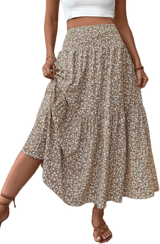 Women's Smocked High Waist Maxi Skirt Casual Boho Long Skirts with Pockets