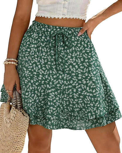 Mini Skirts Skorts for Women Floral with Pocket Flowy Chiffon Ruffle Skorts Boho Casual Beach Skirt with Shorts Underneath