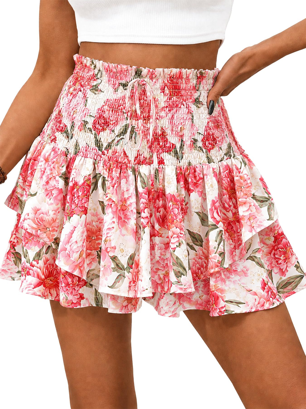 Women's Floral Skort, High Waisted Flowy Ruffle Mini Skirt with Shorts