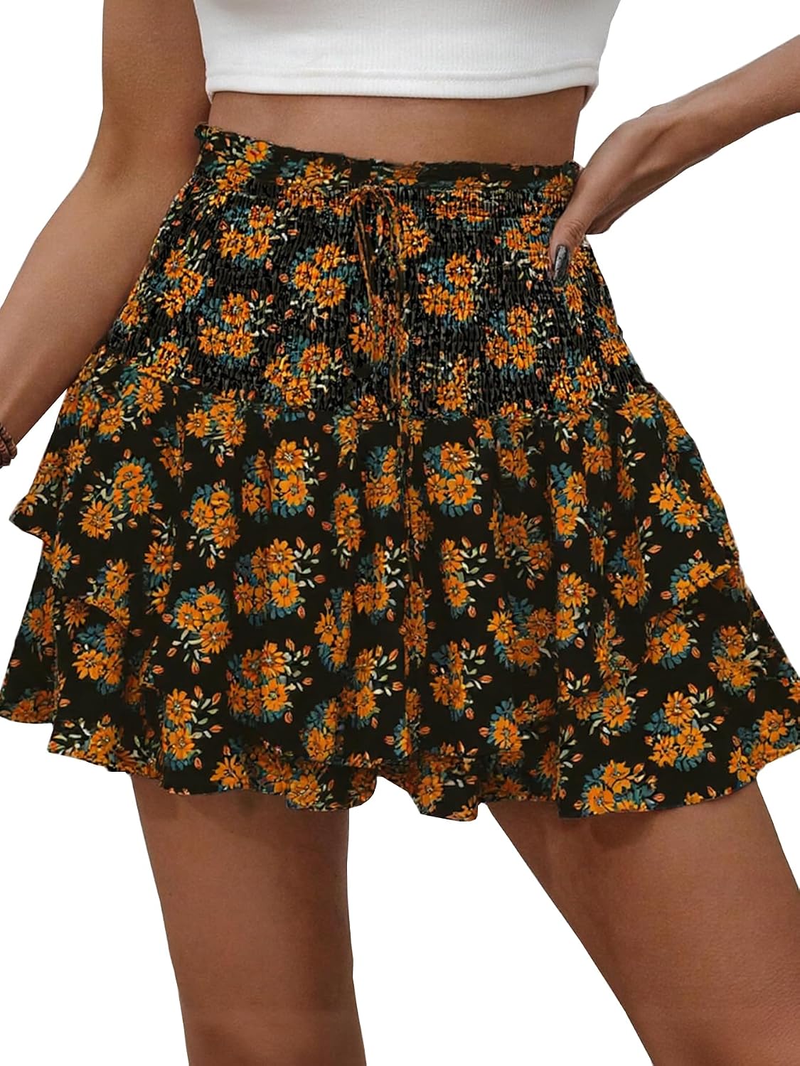 Women's Floral Skort, High Waisted Flowy Ruffle Mini Skirt with Shorts
