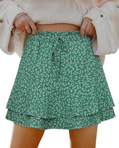 Mini Skirts Skorts for Women Floral with Pocket Flowy Chiffon Ruffle Skorts Boho Casual Beach Skirt with Shorts Underneath