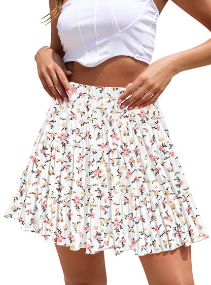 Boho Floral Flowy Mini Skirt Chiffon High Waist Tiered Pleated Short Skirts