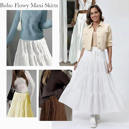 DERAX Women's Boho Flowy White Maxi Skirt Ruffle Elastic Waist Long Skirts