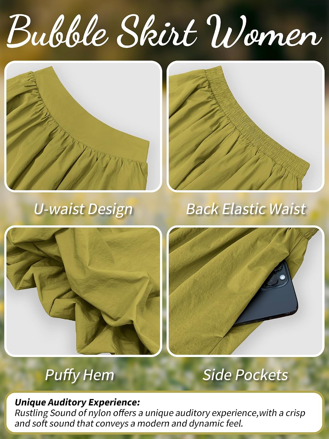 ELLEVEN Women's Bubble Maxi Skirt, Elastic Waist Puffy Hem A-Line Skirts